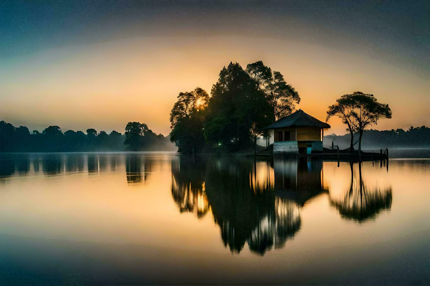 a small house sits on the shore of a lake at sunrise. AI-Generated photo