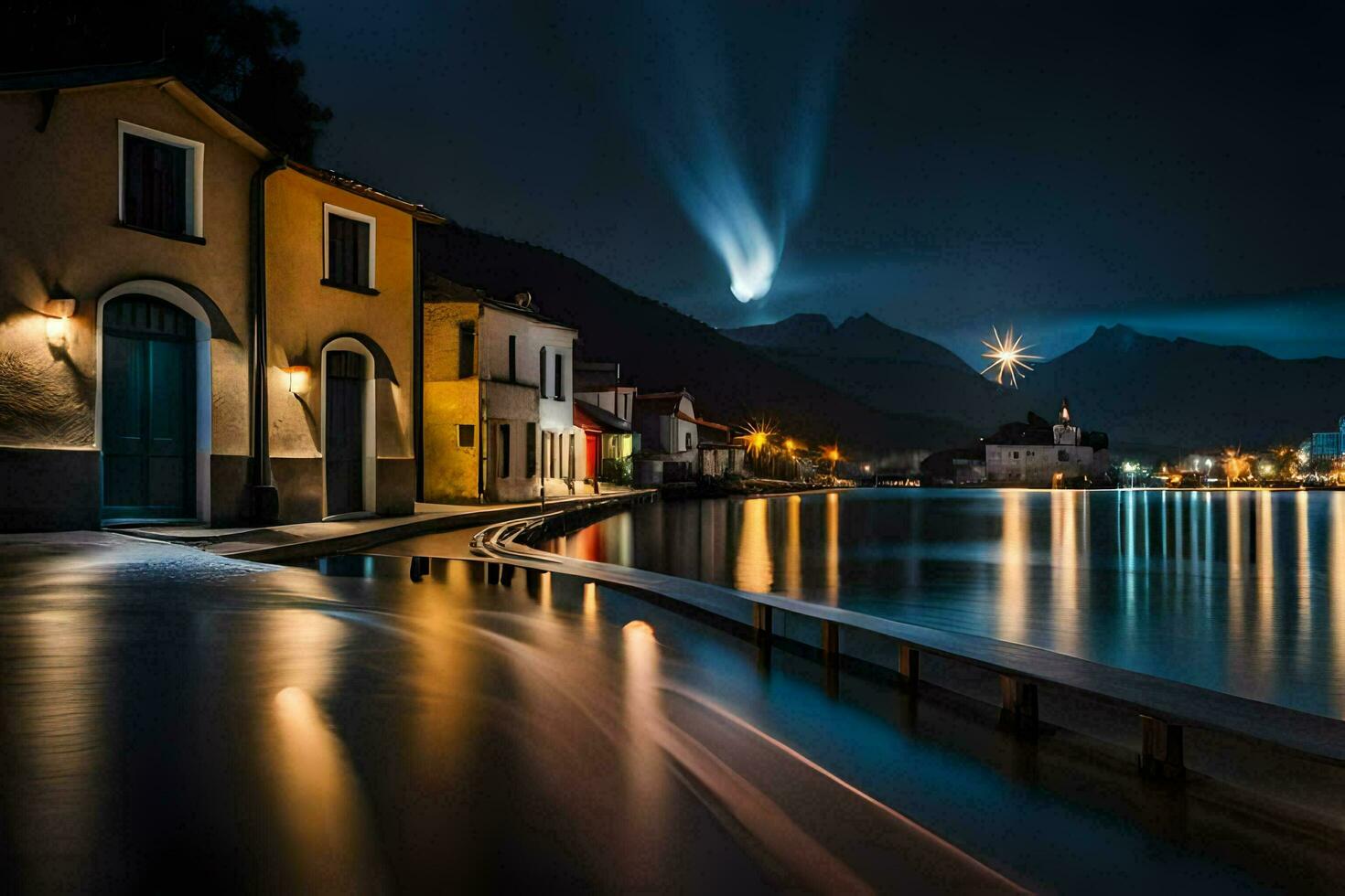 a long exposure photograph of a lake at night. AI-Generated photo