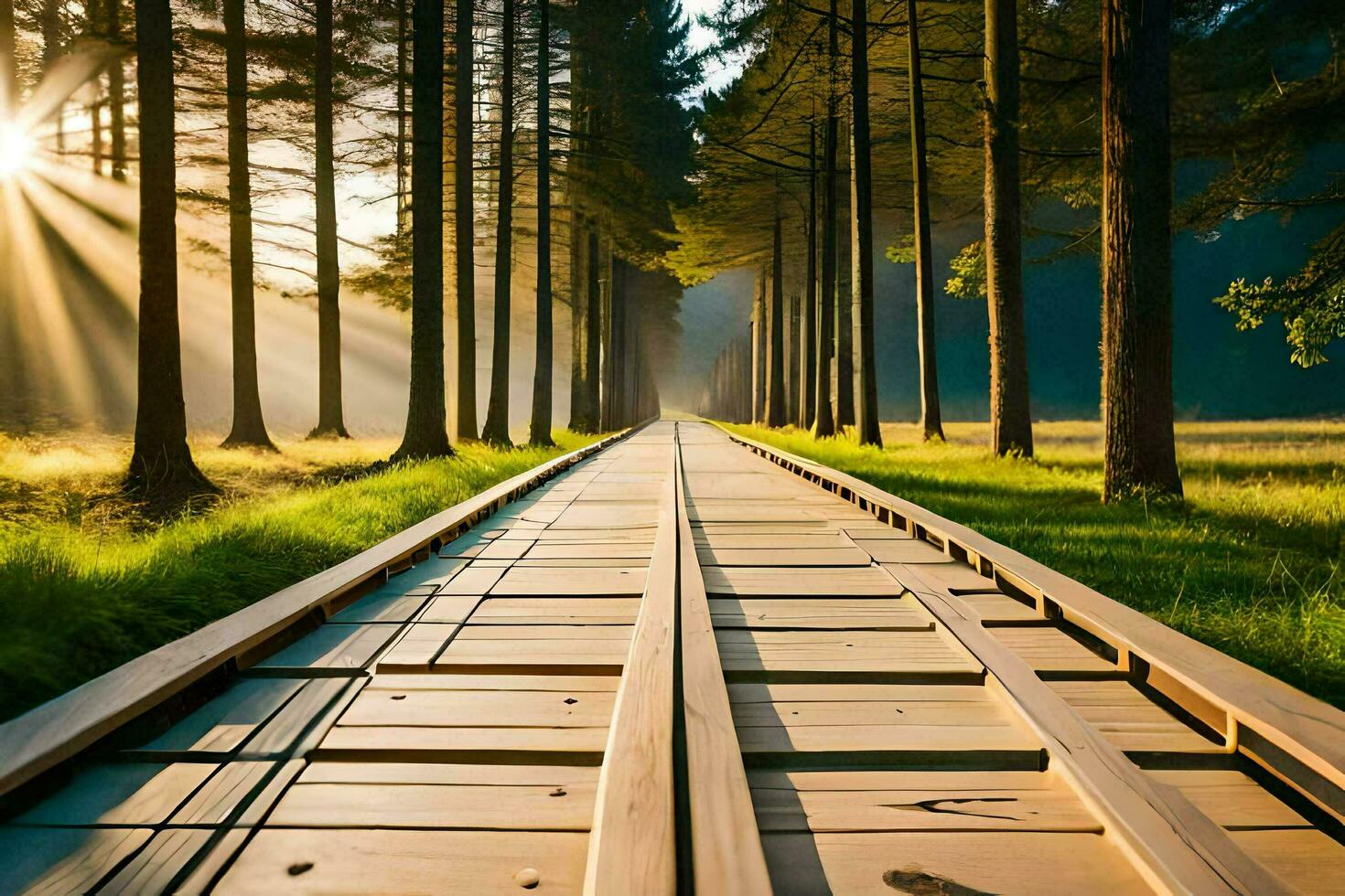 a wooden path in the middle of a forest. AI-Generated photo