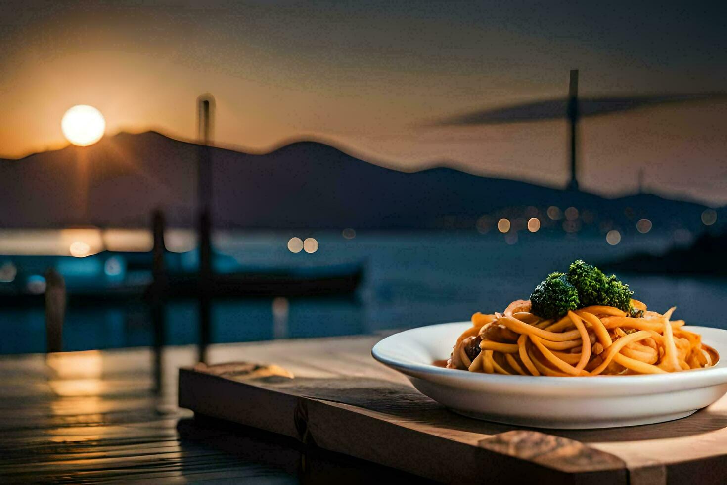 a plate of spaghetti with a view of the sunset. AI-Generated photo