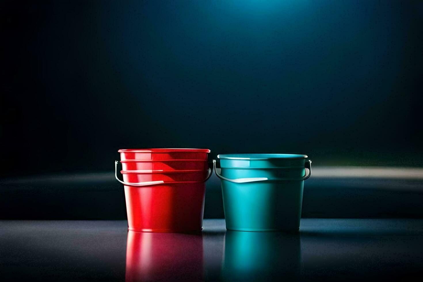 two red and blue buckets on a dark table. AIGenerated 33917005 Stock