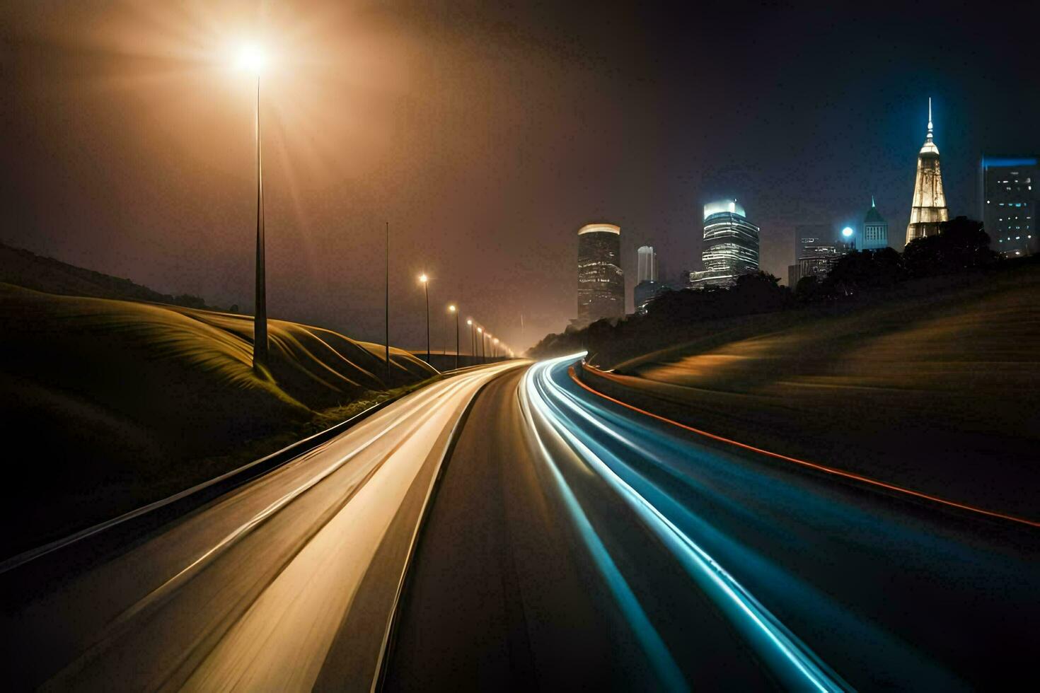 un largo exposición fotografía de un ciudad a noche. generado por ai foto