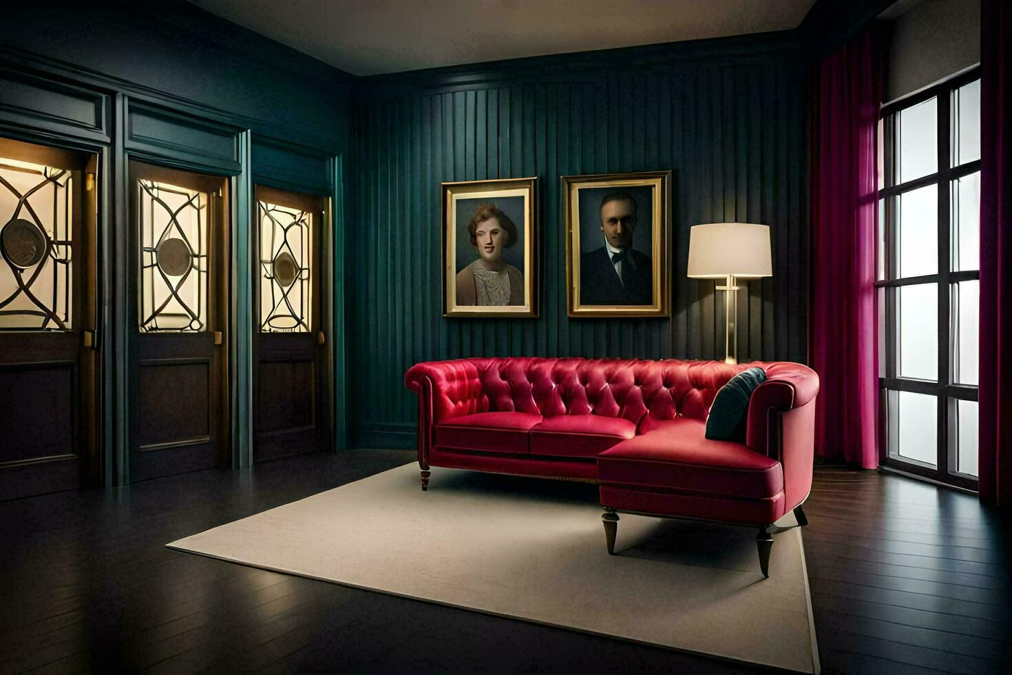 a red leather couch in a room with dark wood walls. AI-Generated photo