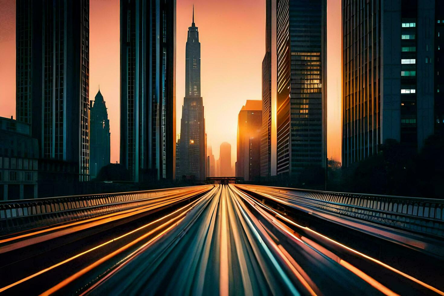 a train traveling through a city at sunset. AI-Generated photo