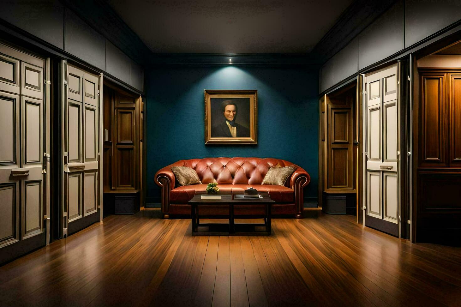 the room has a leather couch and a painting on the wall. AI-Generated photo