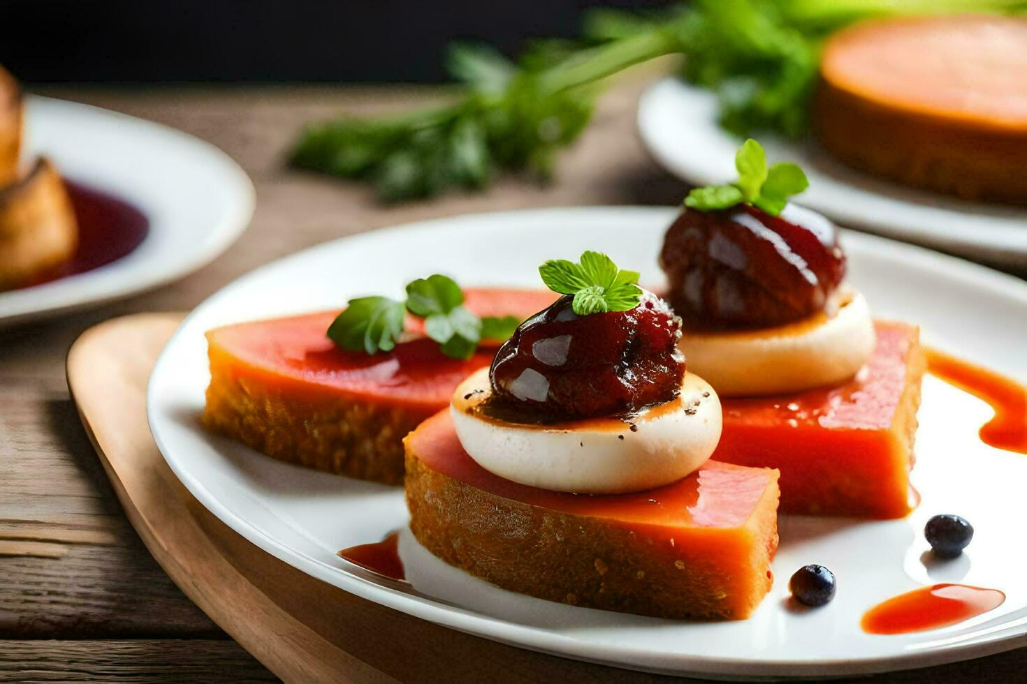 a plate with fruit and cheese on it. AI-Generated photo