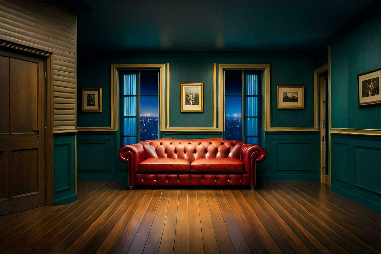 a red couch sits in an empty room with blue walls. AI-Generated photo