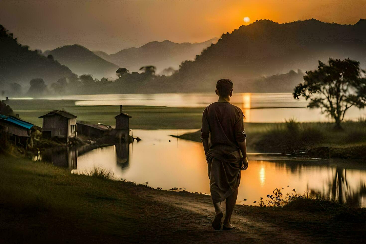 a man walking along a path near a river at sunset. AI-Generated photo