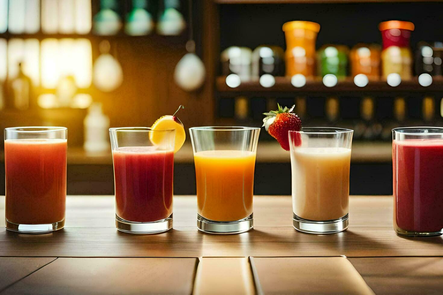 five different types of juices are lined up on a table. AI-Generated photo