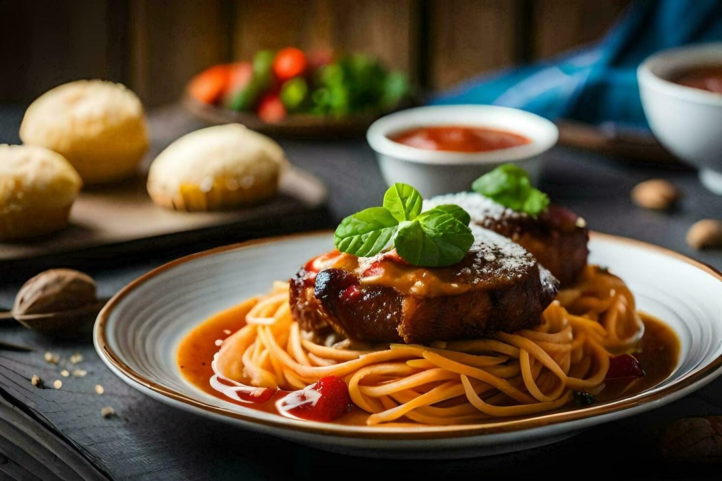spaghetti with meat and sauce on a plate. AI-Generated photo