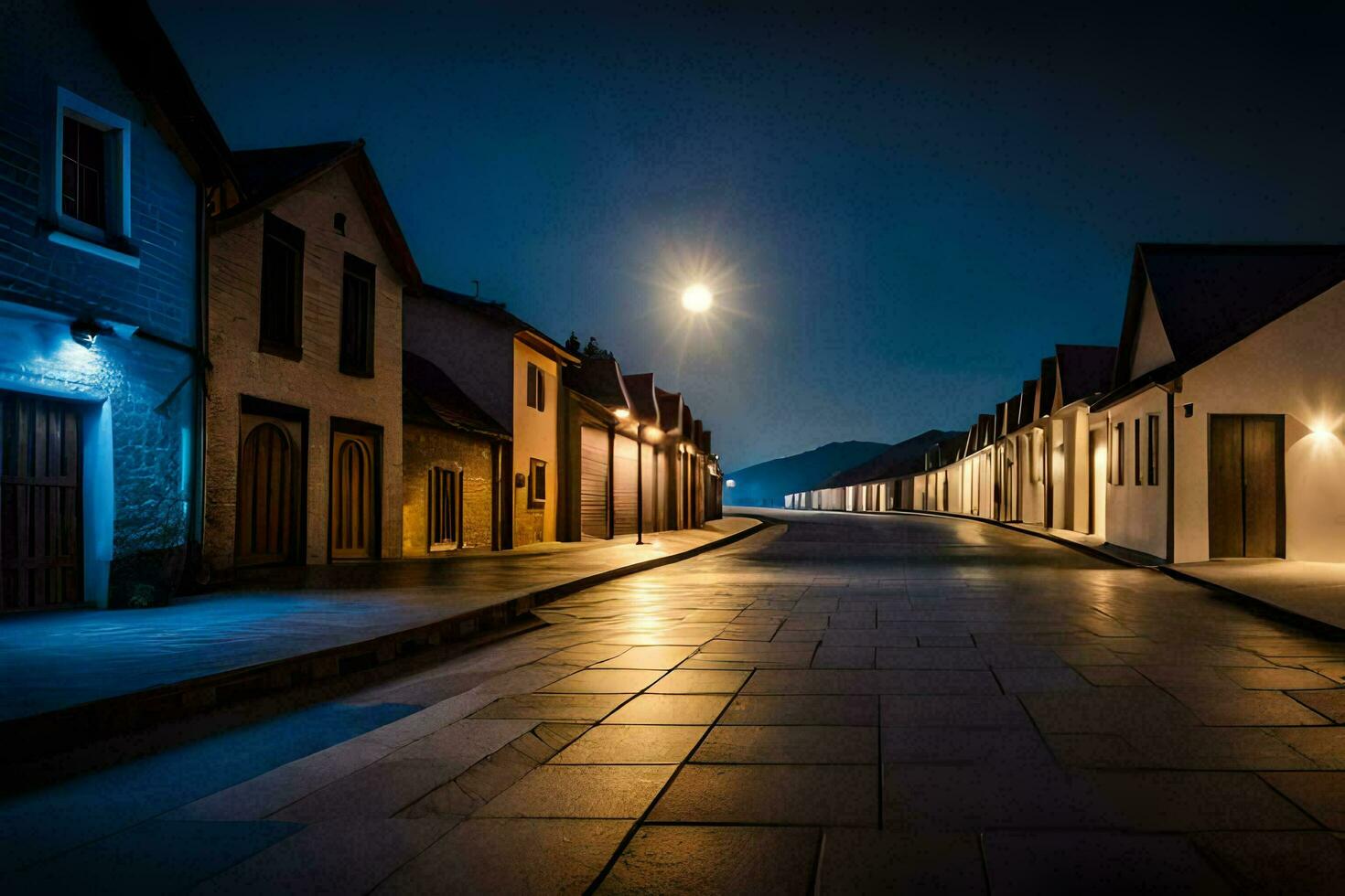 a street at night with a moon in the sky. AI-Generated photo