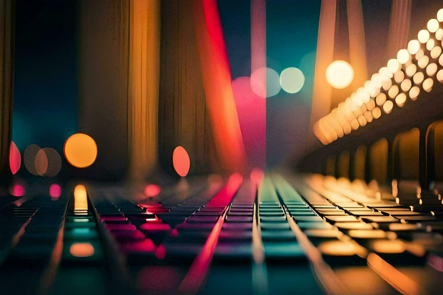 a close up of a keyboard with lights in the background. AI-Generated photo