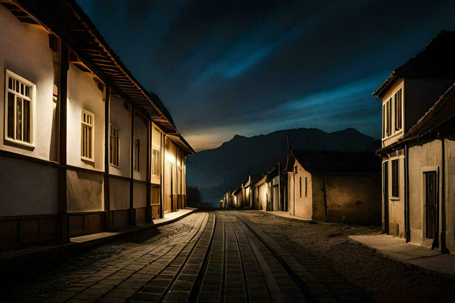 a street at night with a mountain in the background. AI-Generated photo