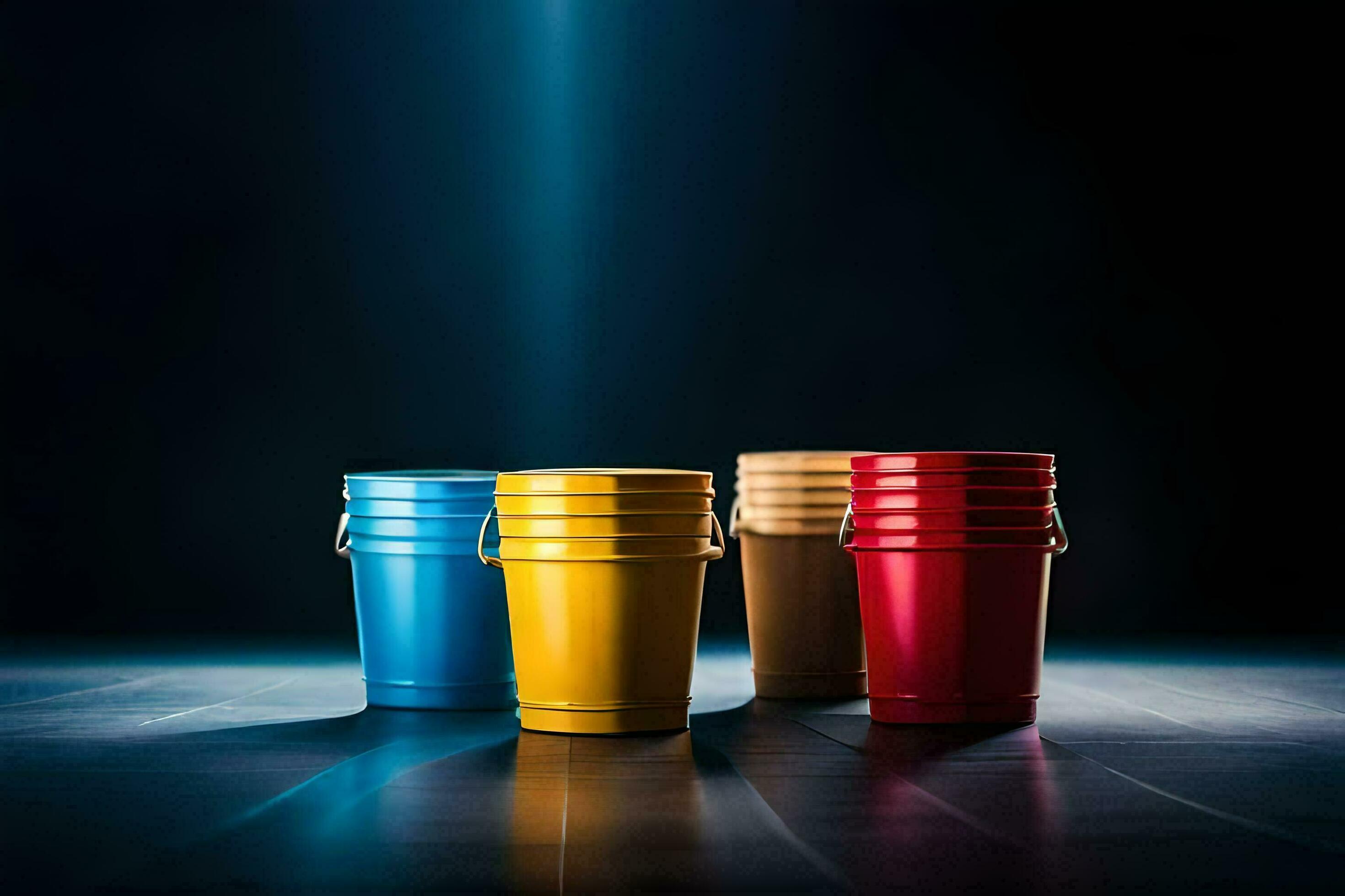 four colorful plastic buckets with handles on a dark background