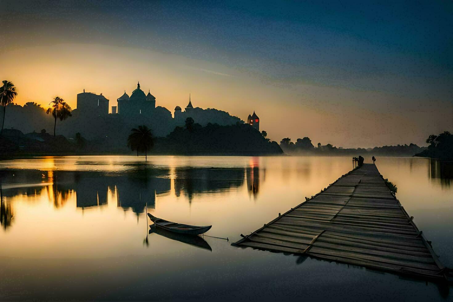 a wooden dock in front of a castle at sunrise. AI-Generated photo