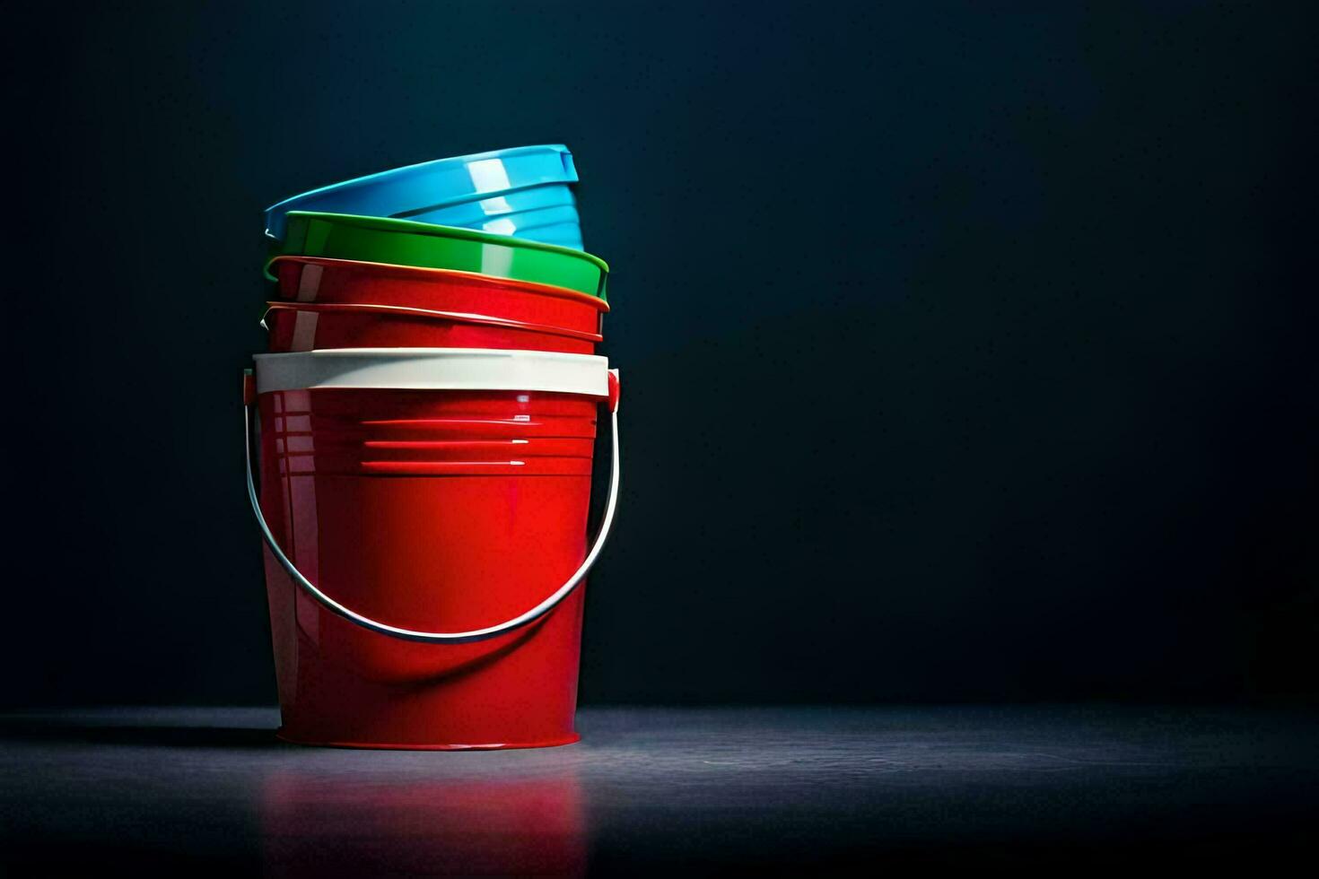 a stack of red and blue buckets on a dark background. AIGenerated