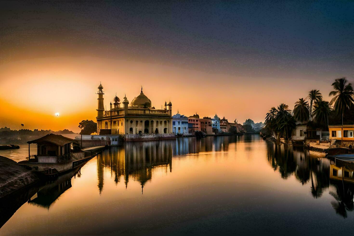 the sun sets over a river in india. AI-Generated photo