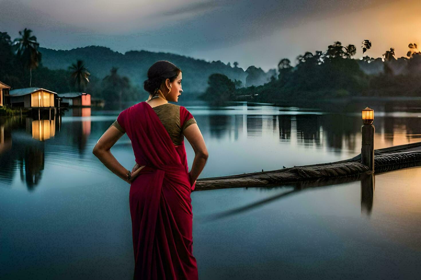 a woman in a red sari stands on the edge of a lake at sunset. AI-Generated photo