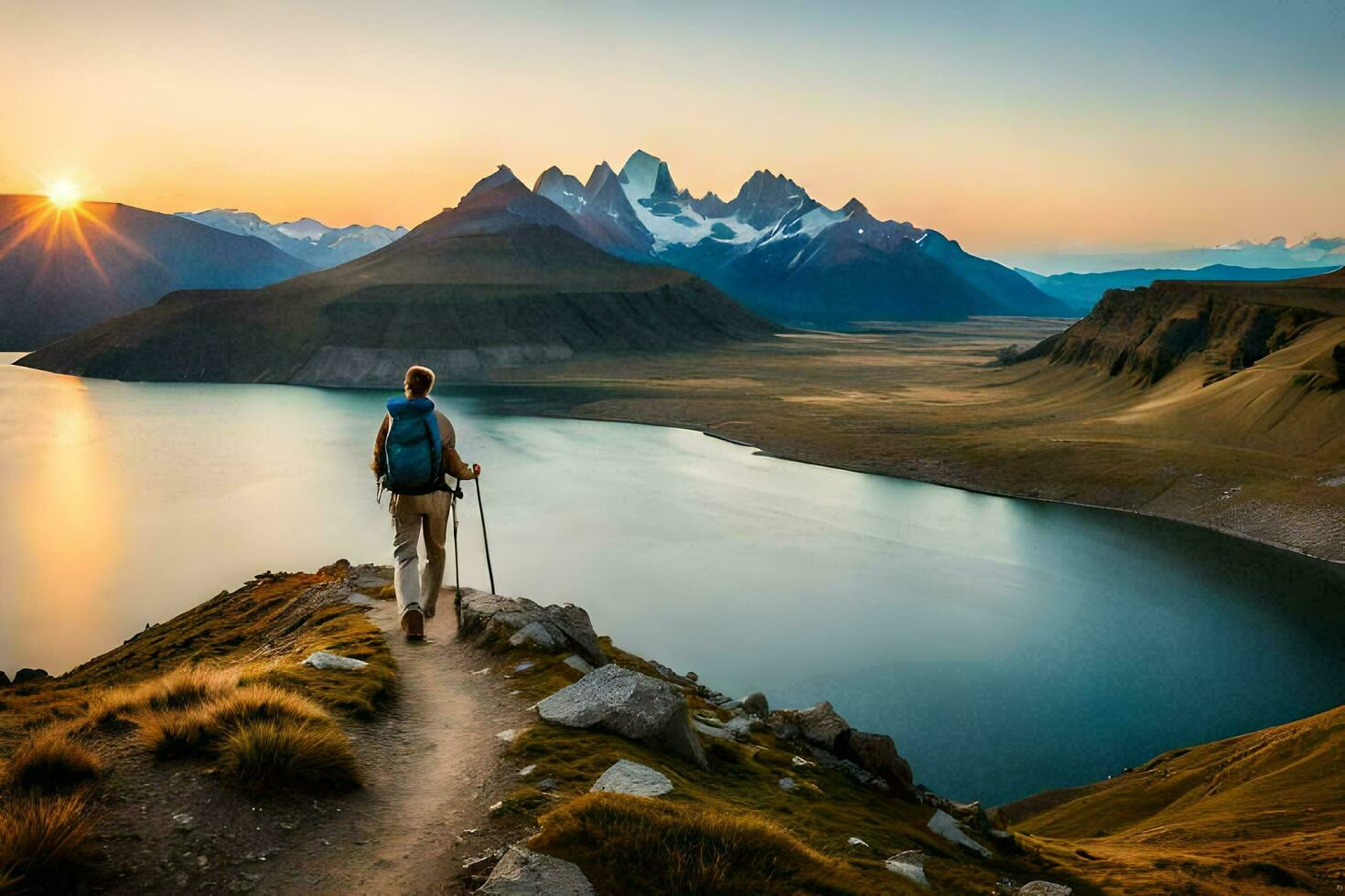 a man with a backpack walks on a trail overlooking a lake and mountains at sunset. AI-Generated photo