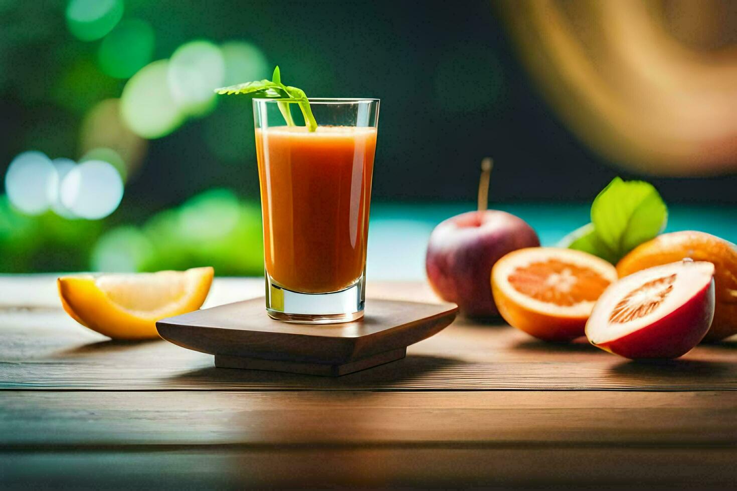 an orange juice with a slice of orange and an apple. AI-Generated photo