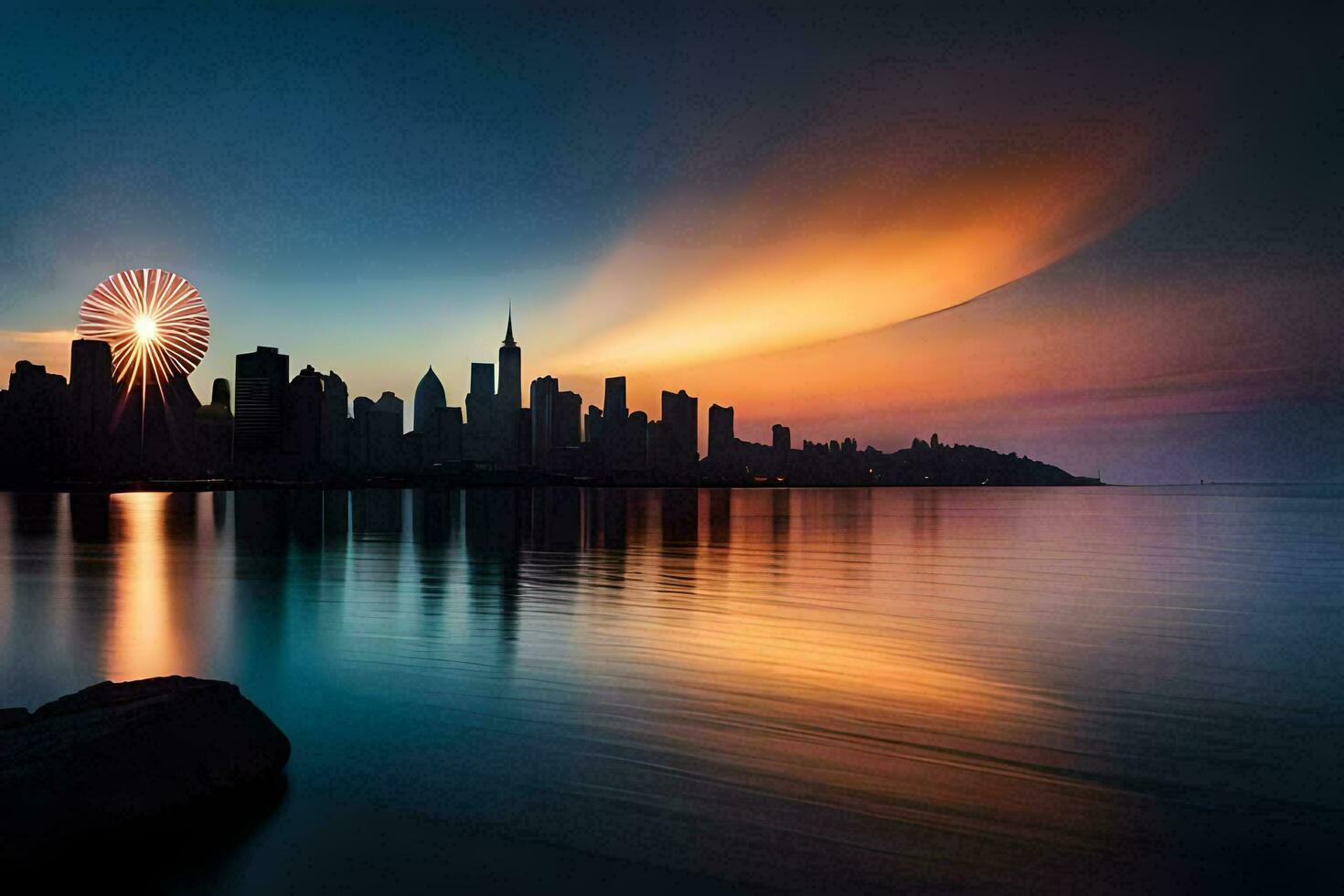 the chicago skyline is reflected in the water at sunset. AI-Generated photo