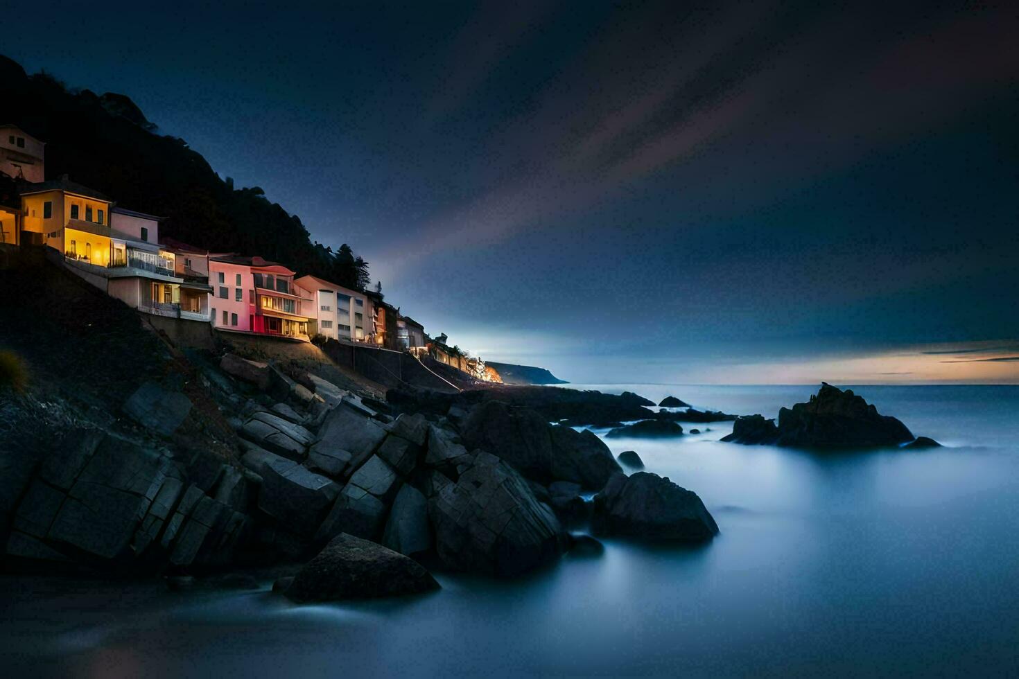 a long exposure photograph of a town on the coast. AI-Generated photo