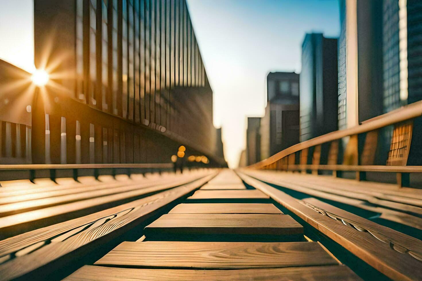 a long wooden bridge with the sun shining in the background. AI-Generated photo