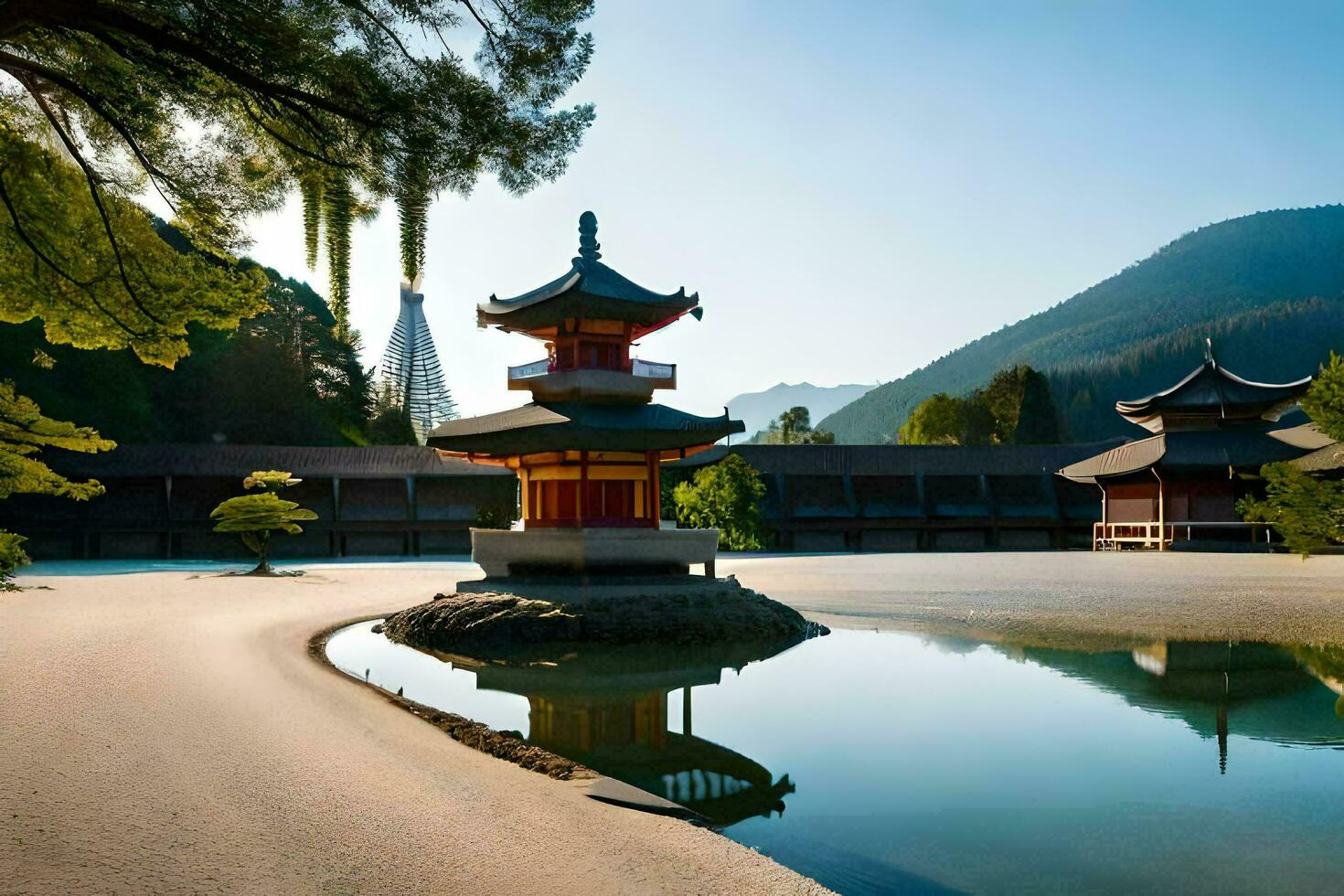 a pagoda sits in the middle of a pond with mountains in the background. AI-Generated photo