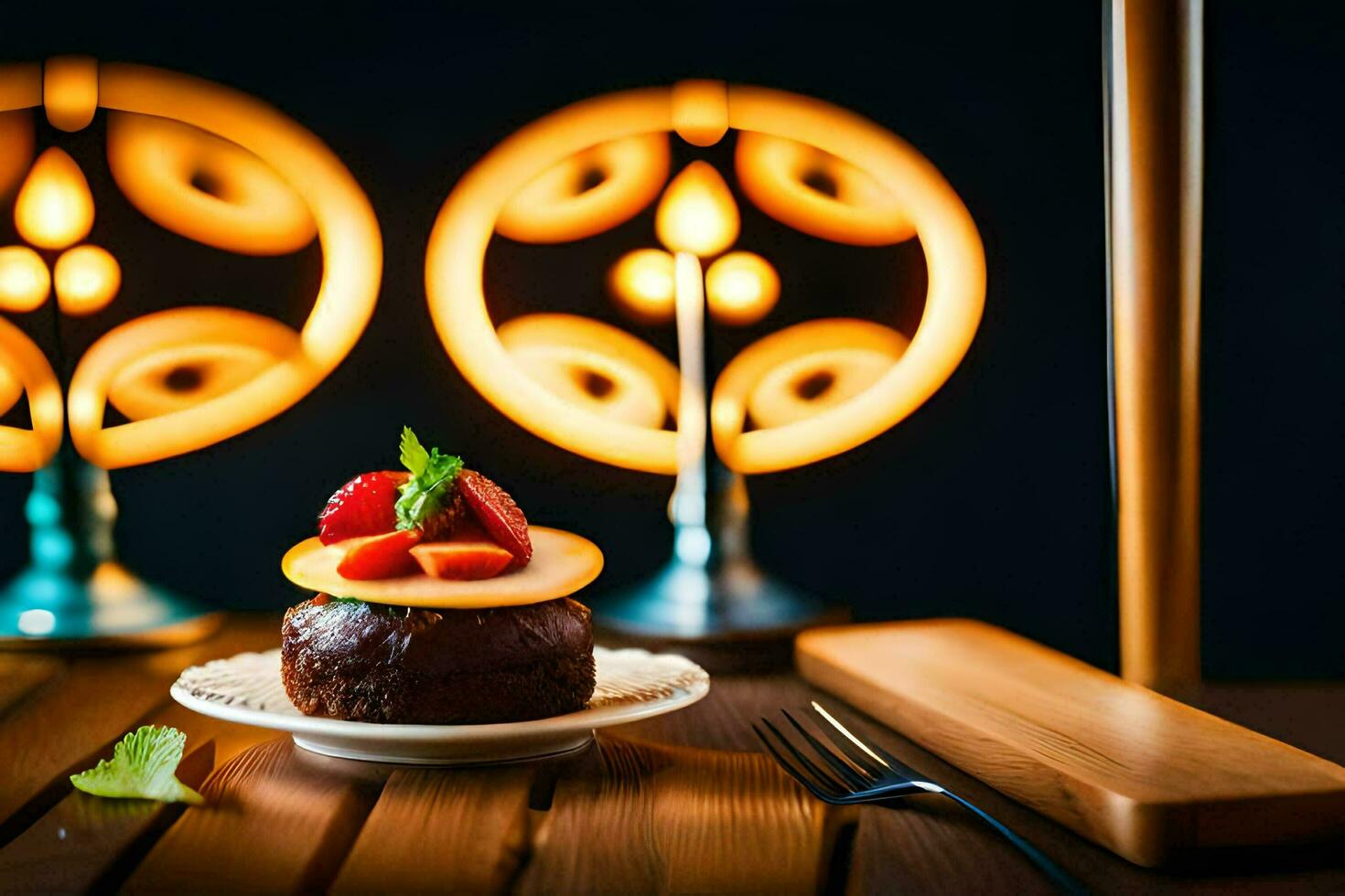 a dessert on a plate with candles in the background. AI-Generated photo