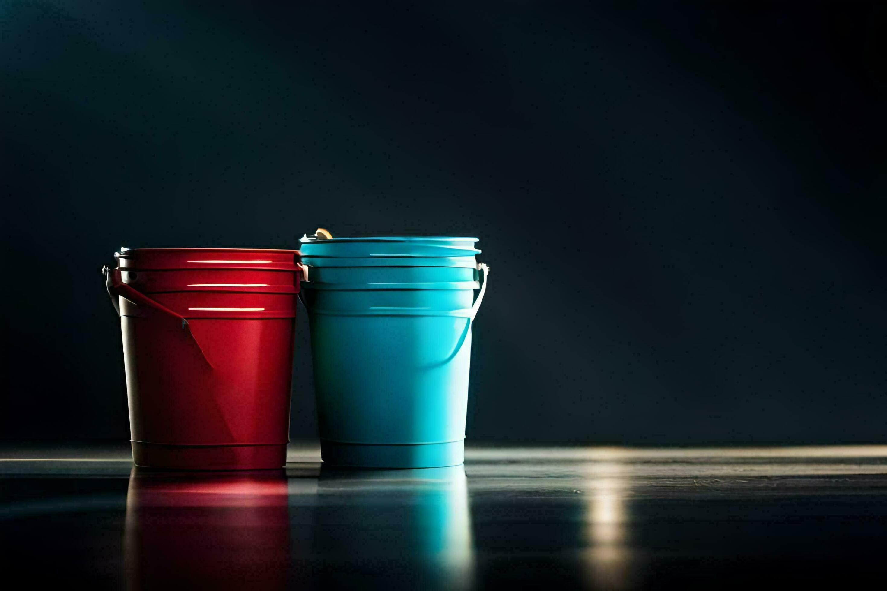 two red and blue buckets on a dark floor. AIGenerated 33919075 Stock