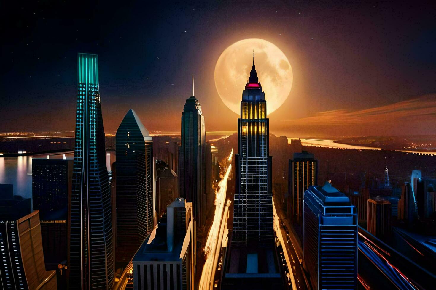 the moon rises over the city skyline. AI-Generated photo