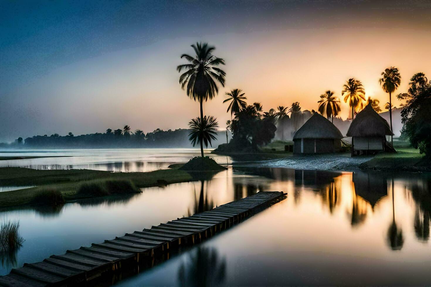 a lake with palm trees and a dock at sunset. AI-Generated photo