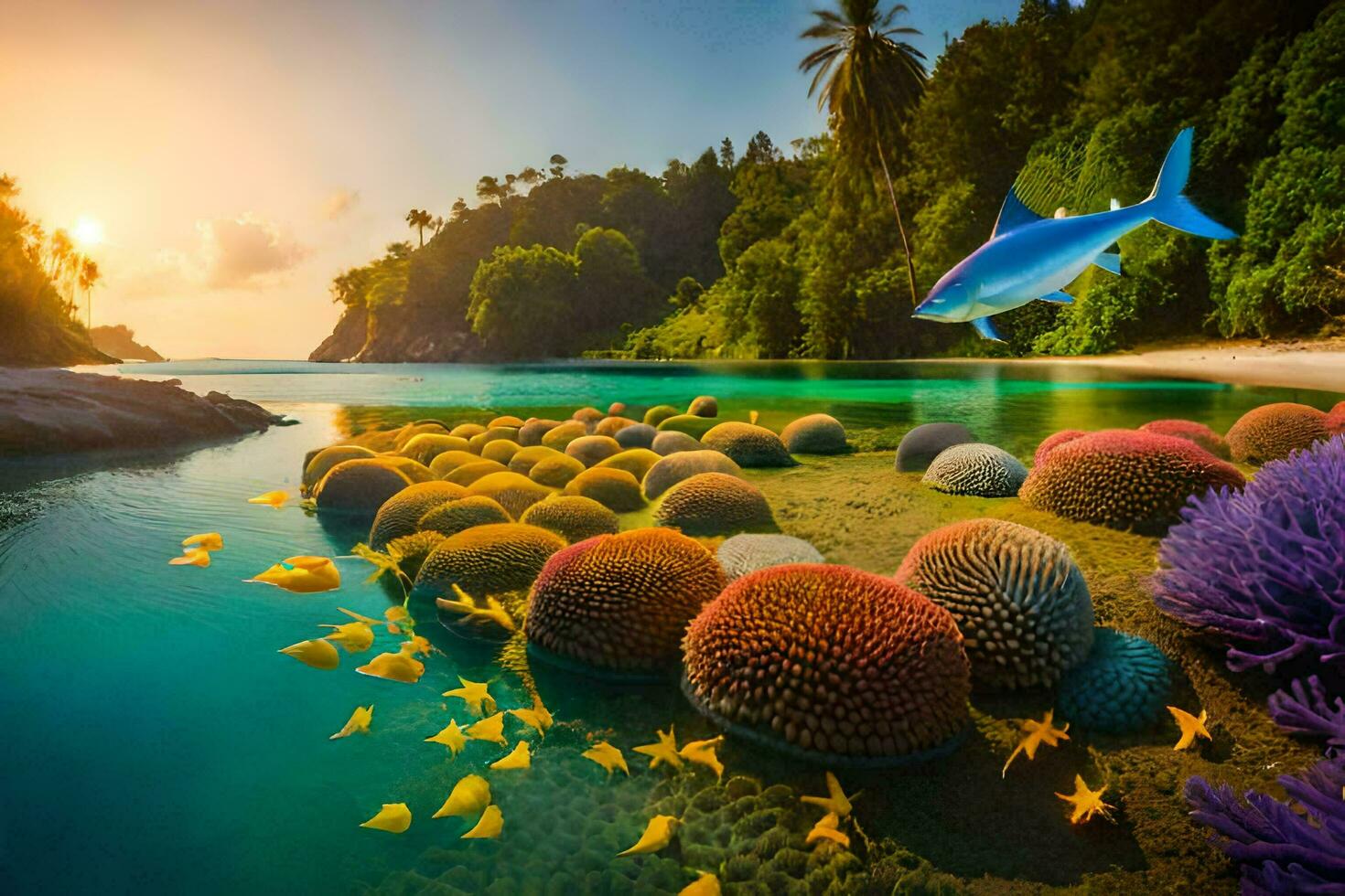 a tropical island with colorful corals and fish. AI-Generated photo