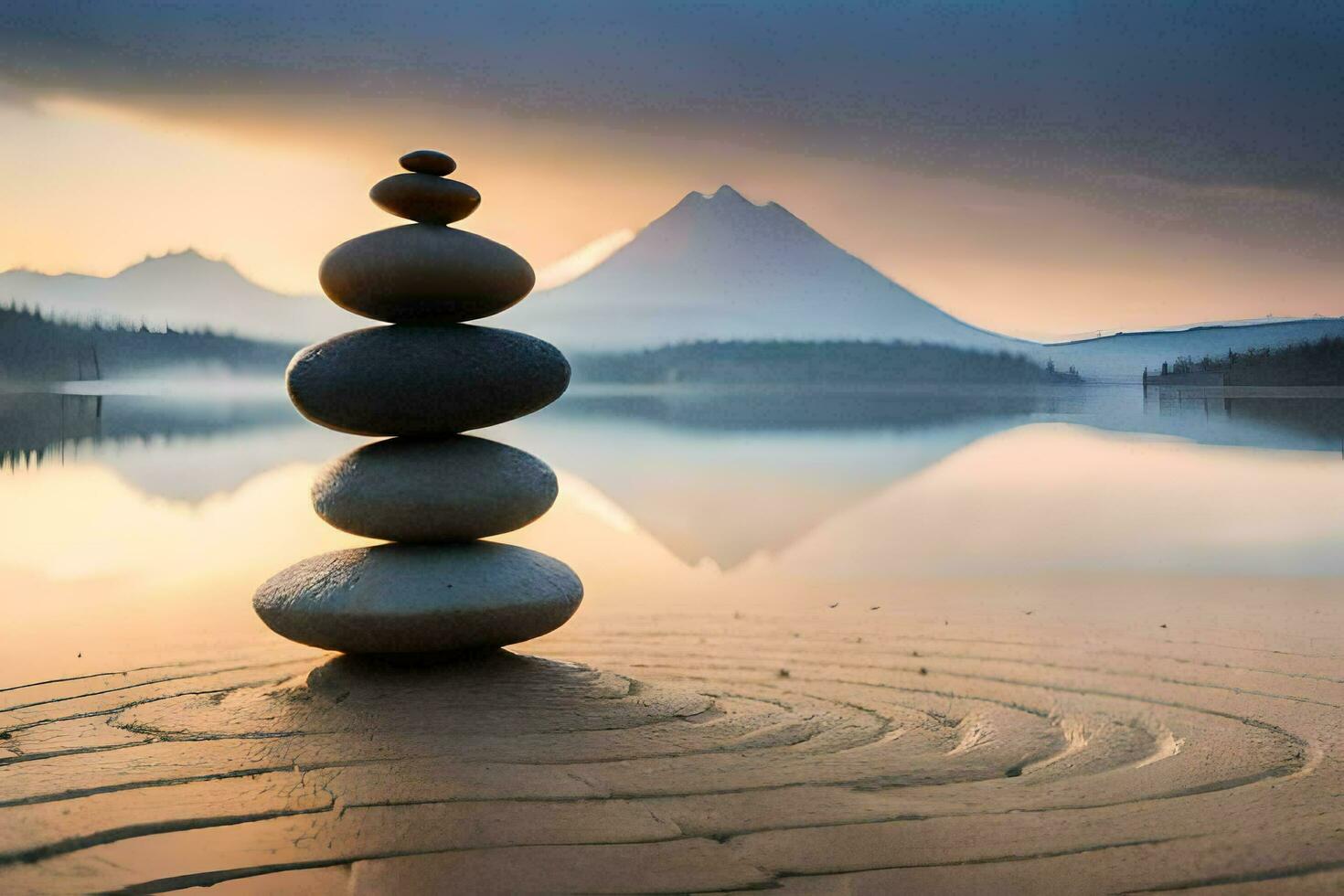 a stack of stones in front of a lake. AI-Generated photo