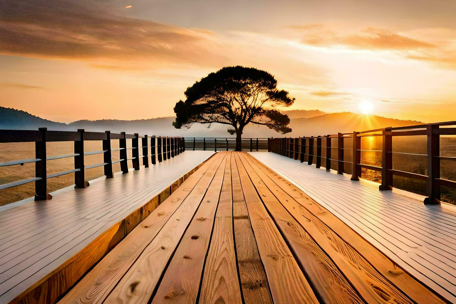 a wooden bridge with a tree on it at sunset. AI-Generated photo