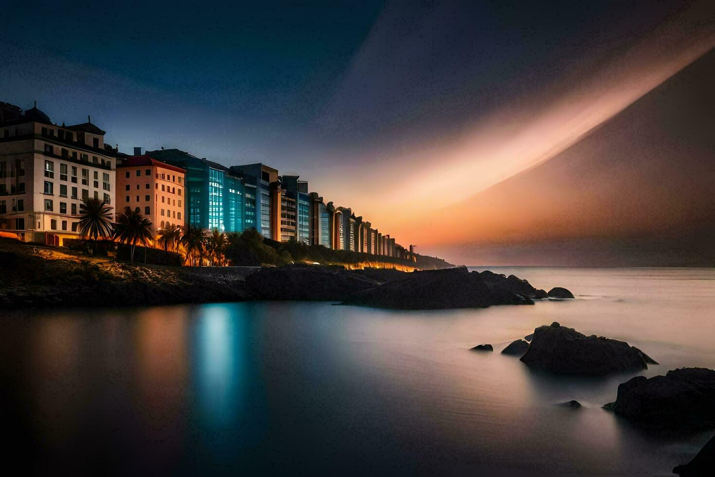 the city at night with the ocean in the background. AI-Generated photo