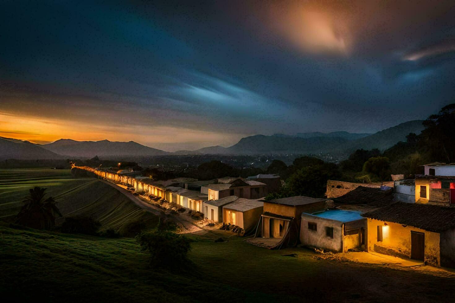 a village at sunset with a cloudy sky. AI-Generated photo