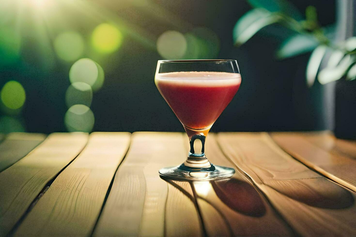 a glass of pink drink sitting on a wooden table. AI-Generated photo