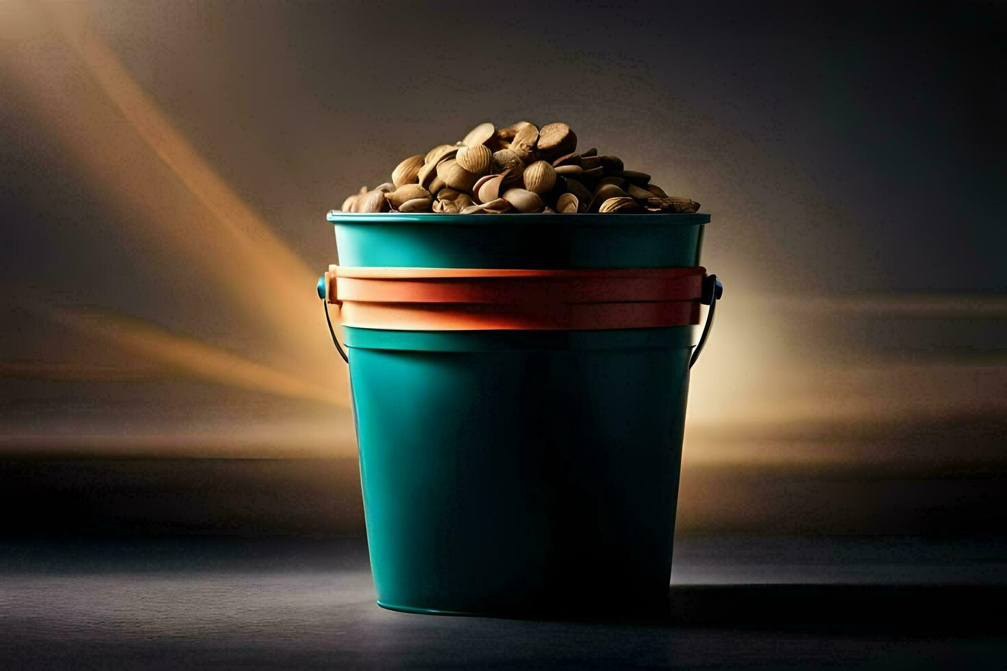 a bucket filled with peanuts on a dark background. AI-Generated photo