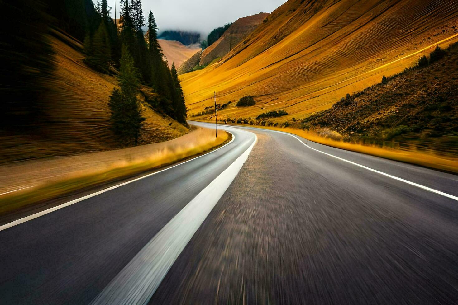 a long exposure photograph of a road in the mountains. AI-Generated photo