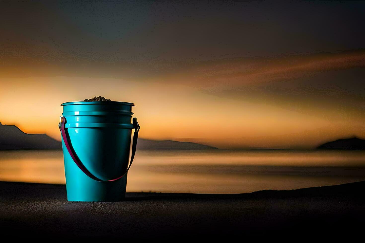 a blue bucket sitting on the beach at sunset. AI-Generated photo