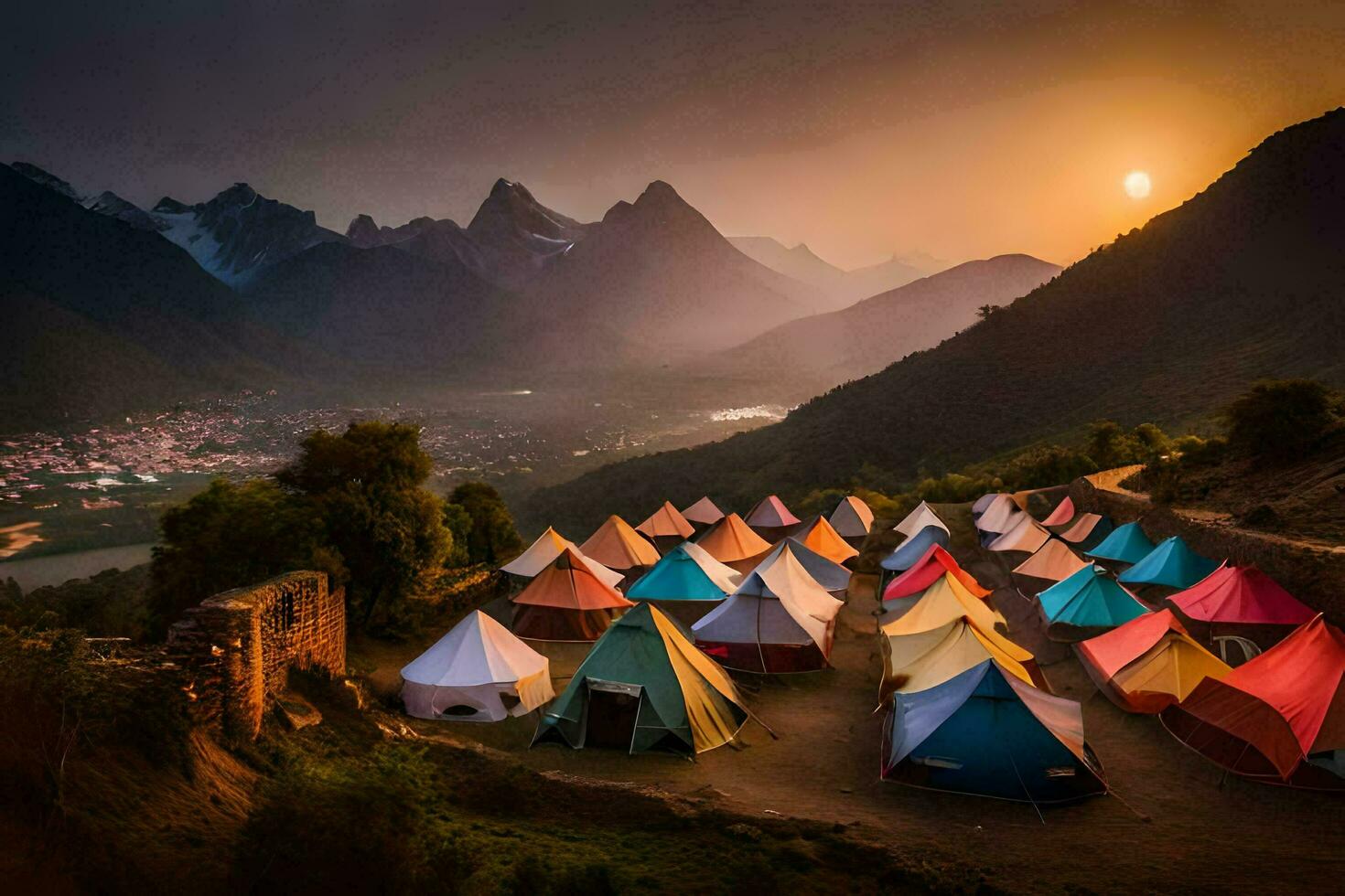 a group of tents in the mountains at sunset. AI-Generated photo