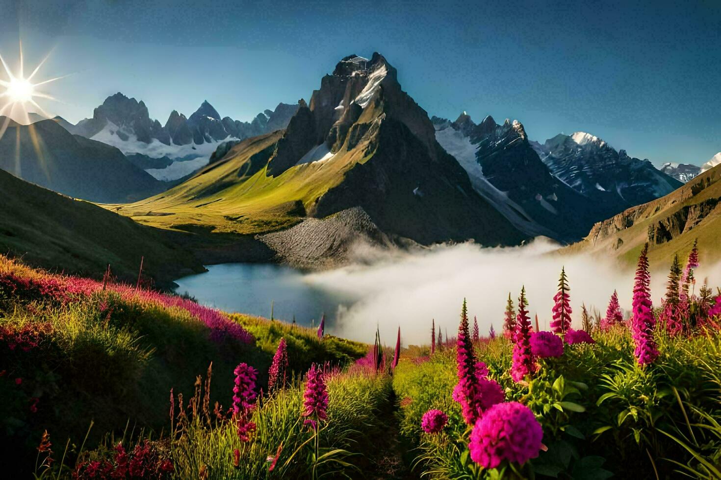 beautiful landscape with flowers and mountains. AI-Generated photo