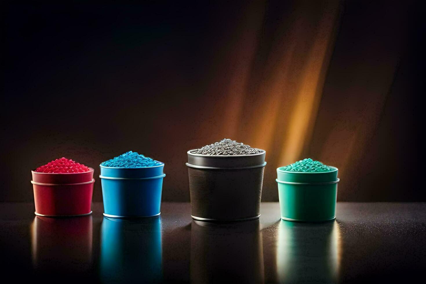 four colorful buckets with different colored powder. AI-Generated photo