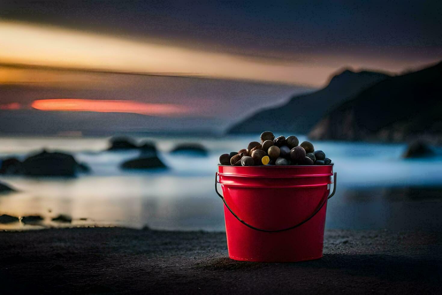 a bucket of nuts on the beach at sunset. AI-Generated photo