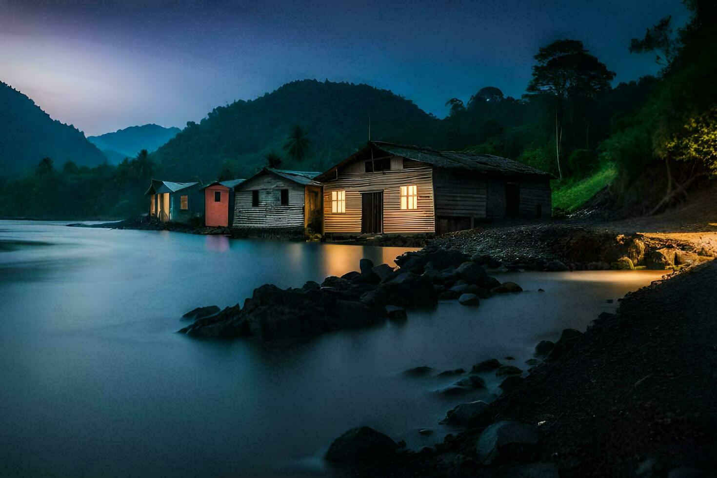 a house on the shore of a lake at night. AI-Generated photo