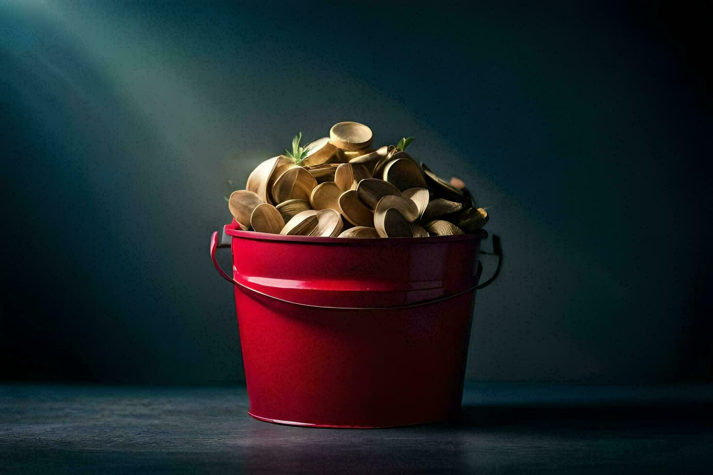 a red bucket filled with coins. AI-Generated photo