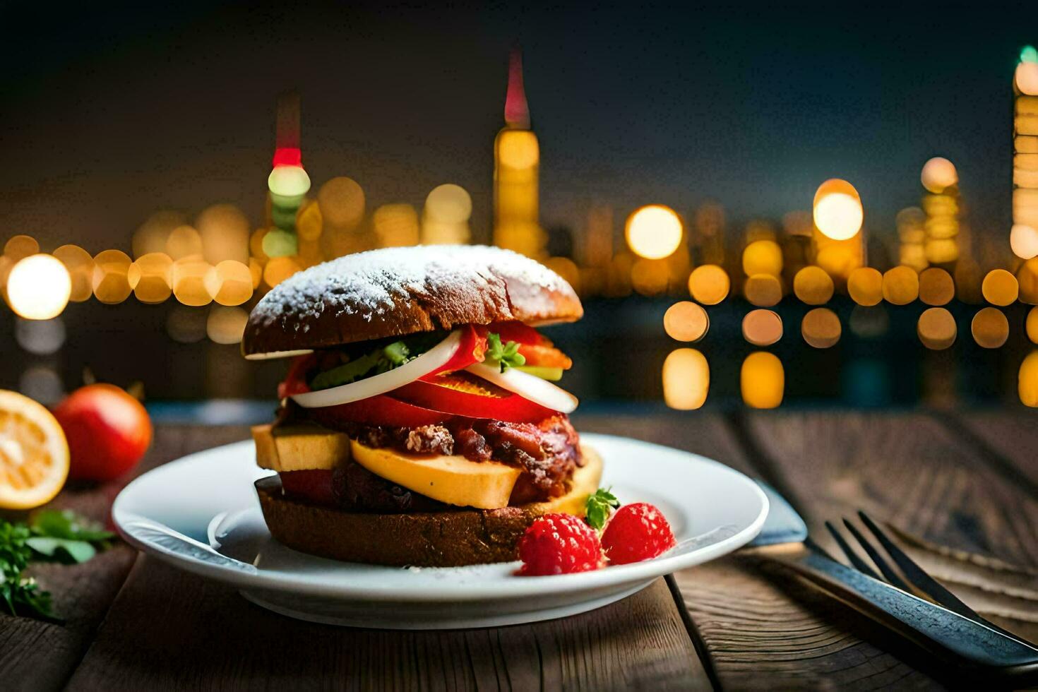 a burger with cheese, tomatoes and other toppings on a plate. AI-Generated photo