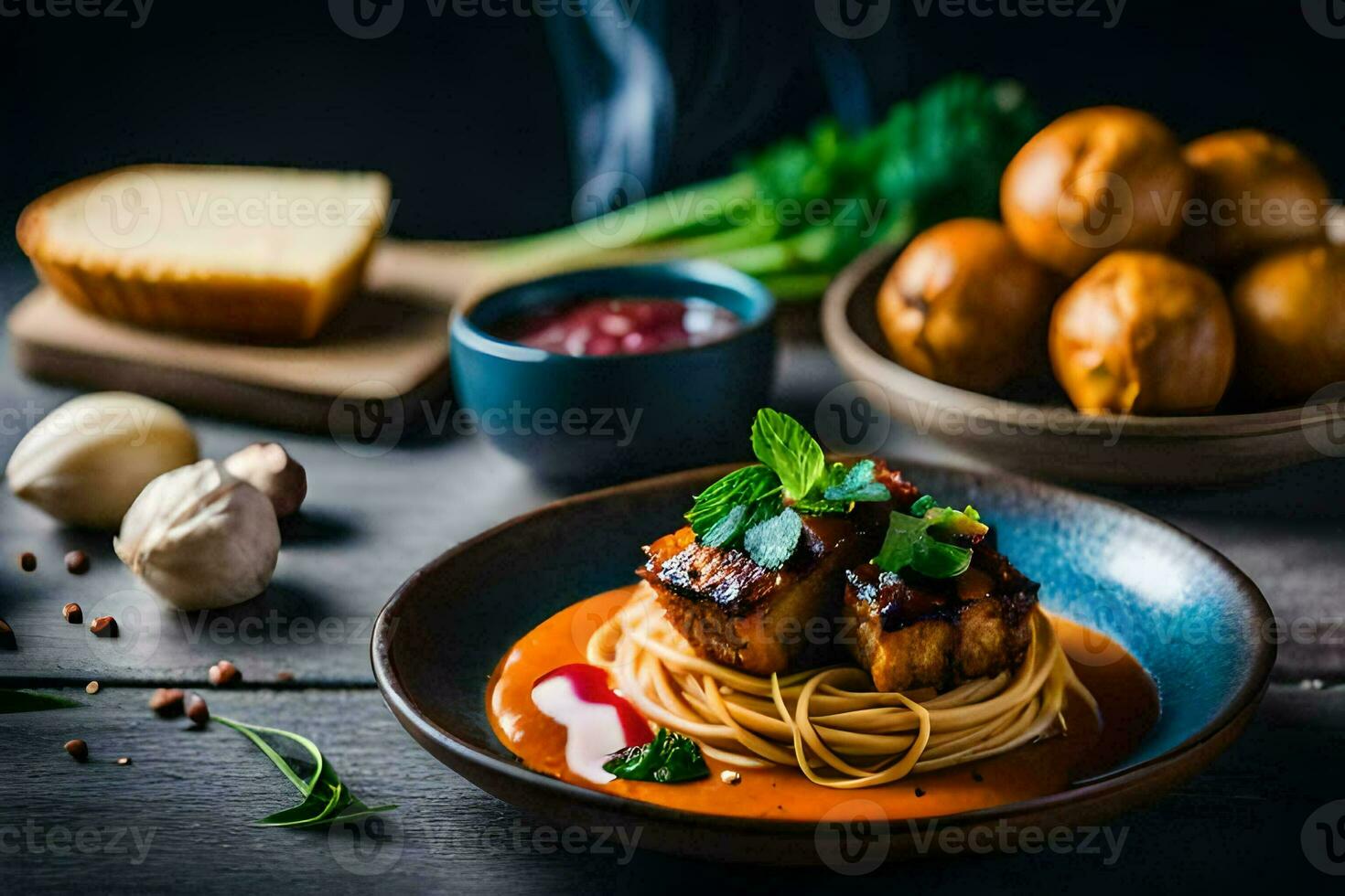 the food is served on a wooden table. AI-Generated photo