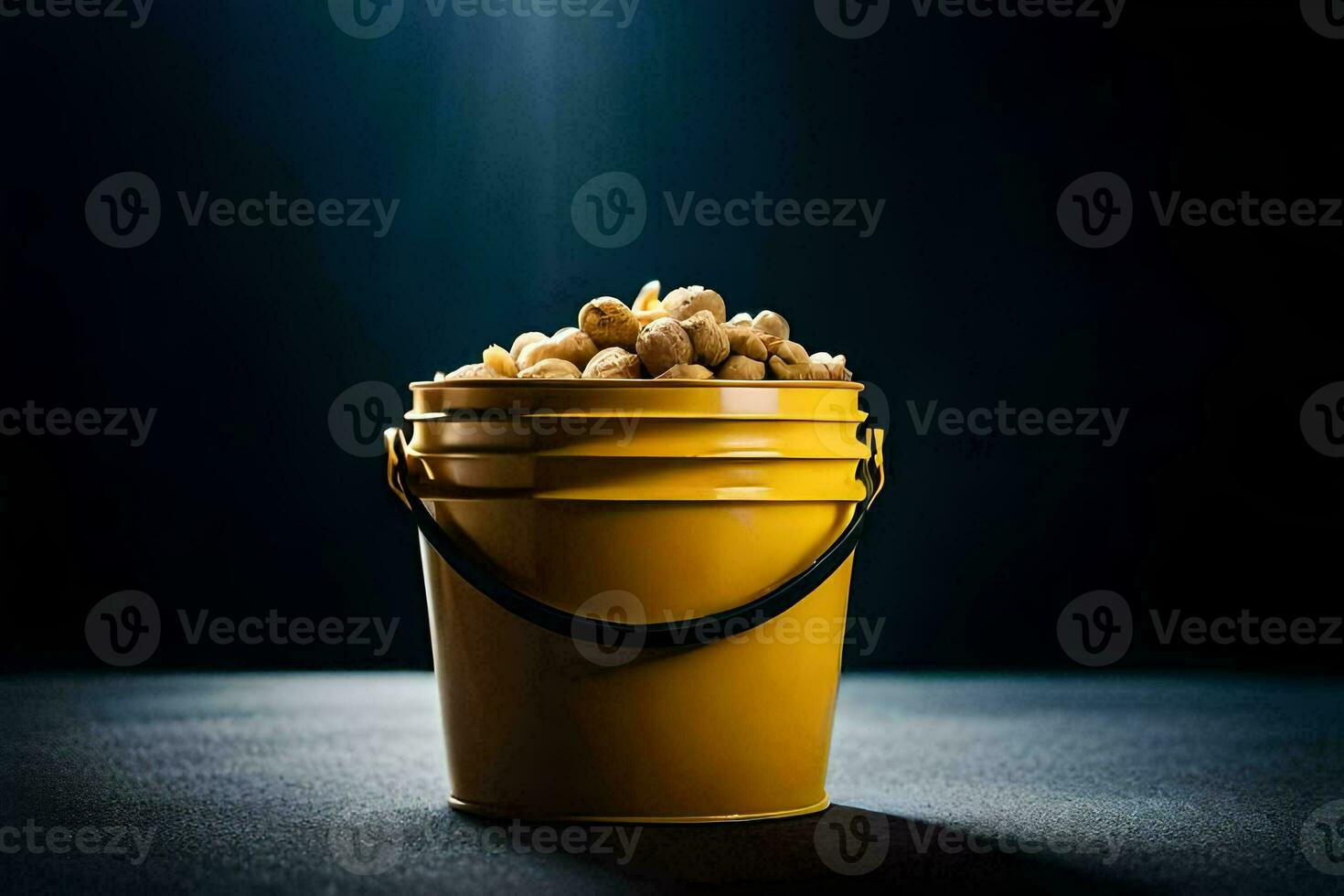 a bucket filled with peanuts on a dark background. AI-Generated photo